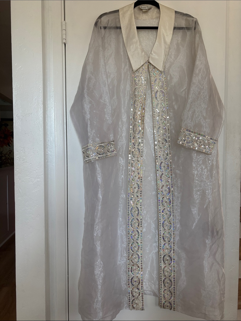 Sheer Ivory Embellished XL Long Coat with Satin Collar P05